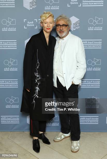 Actress and artist Tilda Swinton and Doha Film Institute Artistic Advisor Elia Suleiman attend the screening of "Okja" during Qumra, the fourth...