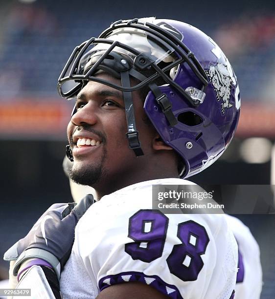 Defensive end Jerry Hughes of the Texas Christian University Horned Frogs on the sidelines in the game with the San Diego State Aztecs on November 7,...