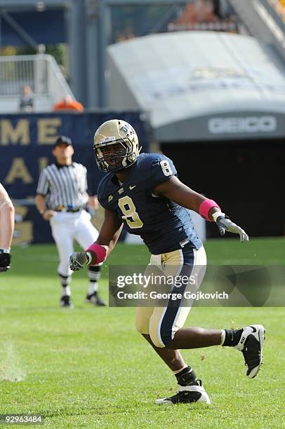 Linebacker Adam Gunn of the University of Pittsburgh Panthers pursues the play during a college football game against the University of Connecticut...