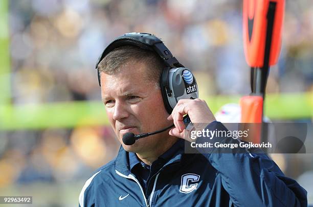 Head coach Randy Edsall of the University of Connecticut Huskies looks on from the sideline during a college football game against the University of...