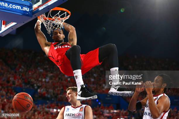 Jean-Pierre Tokoto of the Wildcats dunks the ball during game two of the NBL Semi Final series between the Adelaide 36ers and the Perth Wildcats at...