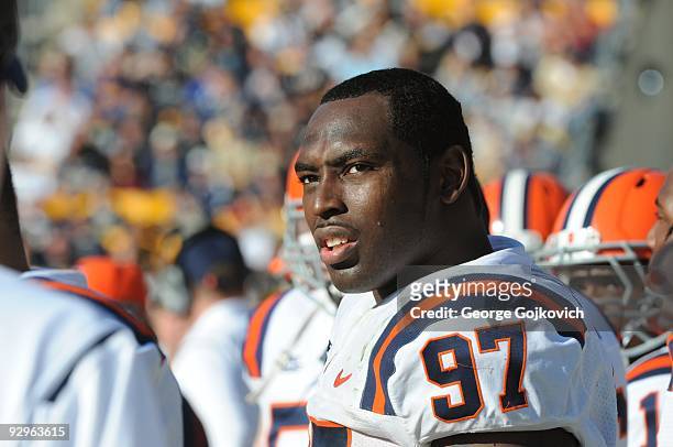 Defensive lineman Arthur Jones of the Syracuse University Orange looks on from the sideline during a college football game against the University of...