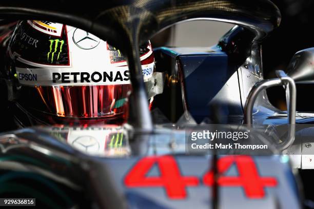 Lewis Hamilton of Great Britain and Mercedes GP prepares to drive during day four of F1 Winter Testing at Circuit de Catalunya on March 9, 2018 in...