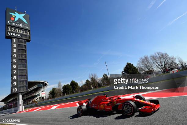 Kimi Raikkonen of Finland driving the Scuderia Ferrari SF71H leaves the pitlane during day four of F1 Winter Testing at Circuit de Catalunya on March...