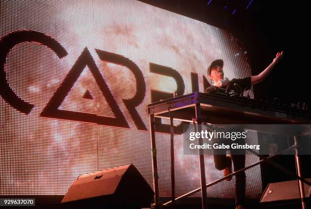 Producer Carbin performs as he opens up for Datsik during a stop of the Ninja Nation 2018 Tour at The Joint inside the Hard Rock Hotel & Casino on...