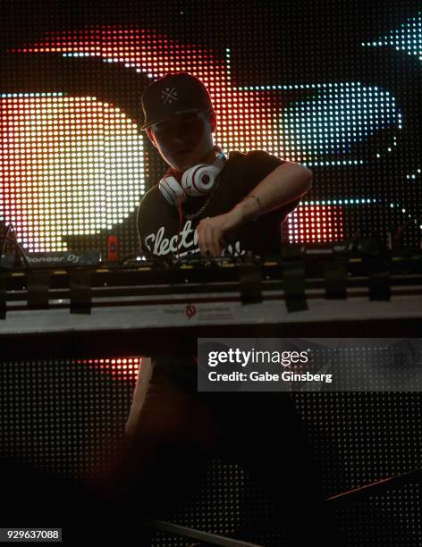 Producer Carbin performs as he opens up for Datsik during a stop of the Ninja Nation 2018 Tour at The Joint inside the Hard Rock Hotel & Casino on...