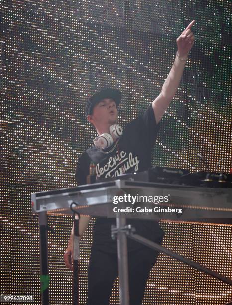 Producer Carbin performs as he opens up for Datsik during a stop of the Ninja Nation 2018 Tour at The Joint inside the Hard Rock Hotel & Casino on...