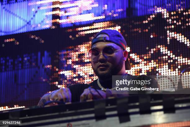 Producer Riot Ten performs as he opens up for Datsik during a stop of the Ninja Nation 2018 Tour at The Joint inside the Hard Rock Hotel & Casino on...