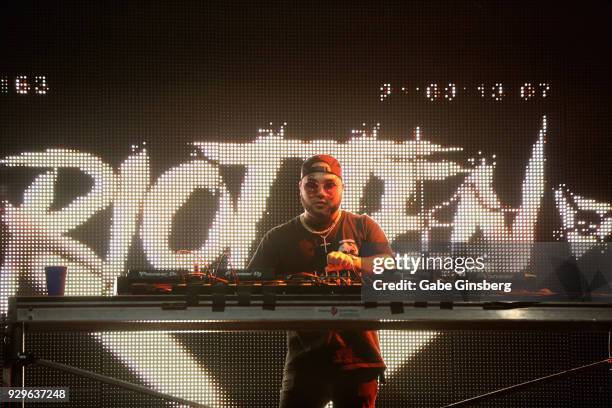 Producer Riot Ten performs as he opens up for Datsik during a stop of the Ninja Nation 2018 Tour at The Joint inside the Hard Rock Hotel & Casino on...