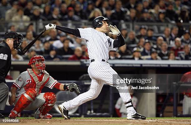 Mark Teixeira of the New York Yankees bats against the Philadelphia Phillies in Game Six of the 2009 MLB World Series at Yankee Stadium on November...