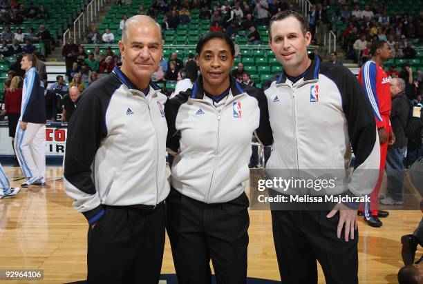 Referees Bennett Salvatore, Violet Palmer and Matt Boland prepare for the game between the Utah Jazz and the Los Angeles Clippers at Energy Solutions...