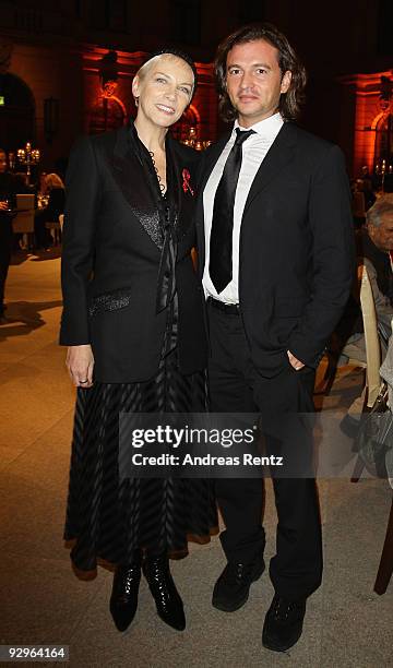 Manuele Malenotti , vice president of Belstaff, and musician Annie Lennox attend the gala dinner BELSTAFF FOR PEACE to the 10th World Summit of Nobel...