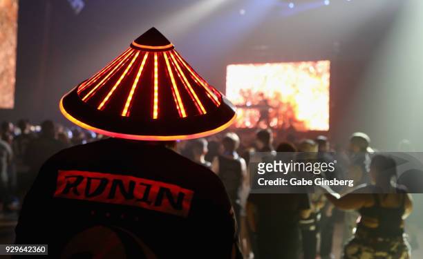 An attendee dressed up like DJ/producer Datsik watches DJ/producer Carbin's performance as he opens up for Datsik during a stop of the Ninja Nation...