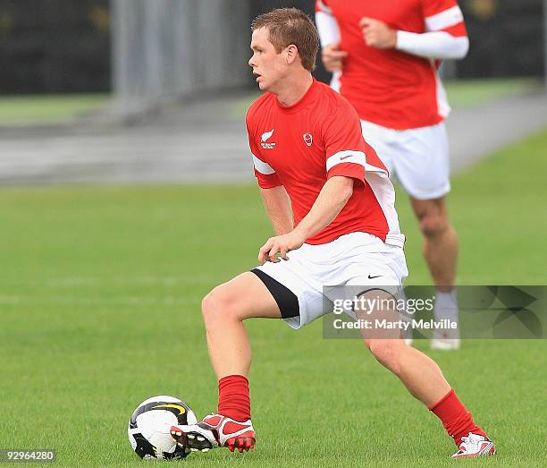 Michael McGlinchey of the All Whites warms up during a New Zealand All Whites training session at Endeavour Park on November 11, 2009 in Wellington,...