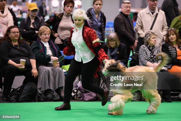 An owner runs with her Afghan Hound, during judging on day two of the Cruft's dog show at the NEC Arena on March 9, 2018 in Birmingham, England. The...