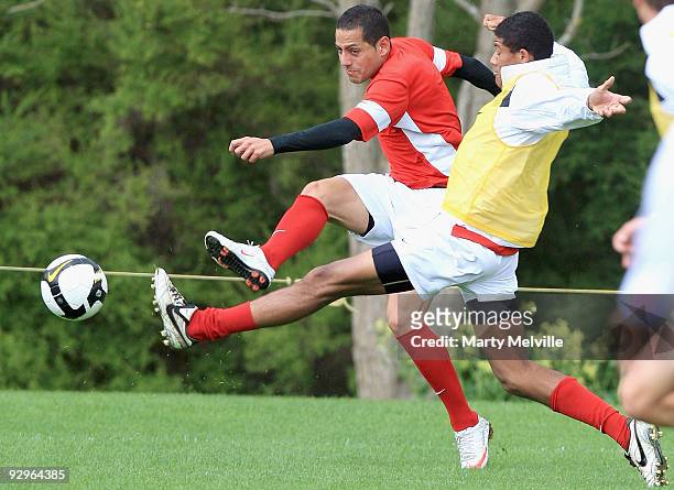 Leo Bertos of the All Whites is tackled by team mate James Musa during a New Zealand All Whites training session at Endeavour Park on November 11,...