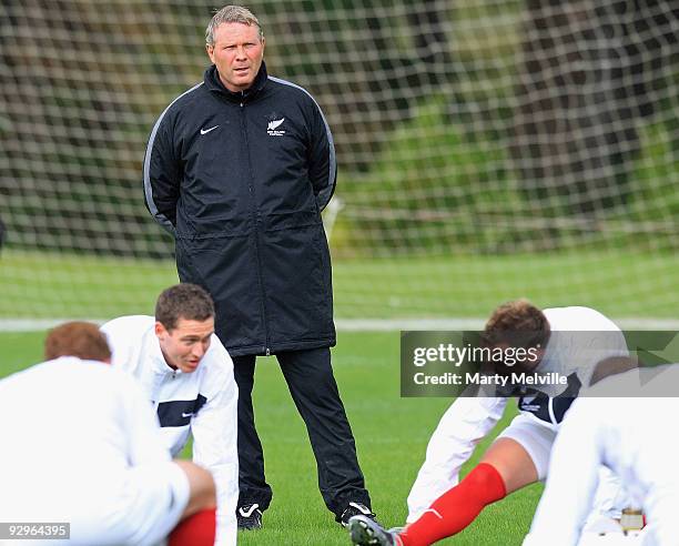 Ricki Hebert Head coach of the All watches over his team during a New Zealand All Whites training session at Endeavour Park on November 11, 2009 in...