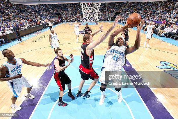 James Posey of the New Orleans Hornets goes up for a shot against Rasho Nesterovic of the Toronto Raptors during the game at New Orleans Arena on...