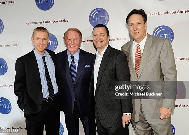 Kevin Beggs, HRTS President, Voice of the Los Angeles Dodgers Vin Scully, producer Jordan Levin and Andy Friendly attend the Hollywood Radio &...