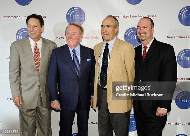 Andy Friendly of the HRTS, Voice of the Los Angeles Dodgers Vin Scully, director Ron Shelton and Dave Ferrera attend the Hollywood Radio & Television...