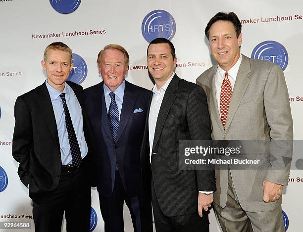Kevin Beggs, HRTS President, Voice of the Los Angeles Dodgers Vin Scully, producer Jordan Levin and Andy Friendly attend the Hollywood Radio &...