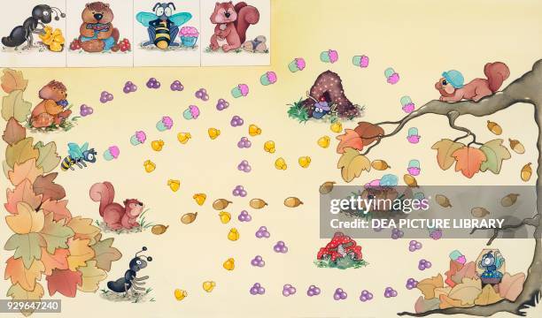 Children's game explaining the food chain of woodland animals: corn for ants, berries for marmots, honey for bees, acorns for squirrels, drawing.