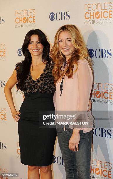 Actresses Sofia Vergara and Cat Deeley arrive on the red carpet for the People's Choice Awards 2010 Nomination Announcement Press Conference, held at...
