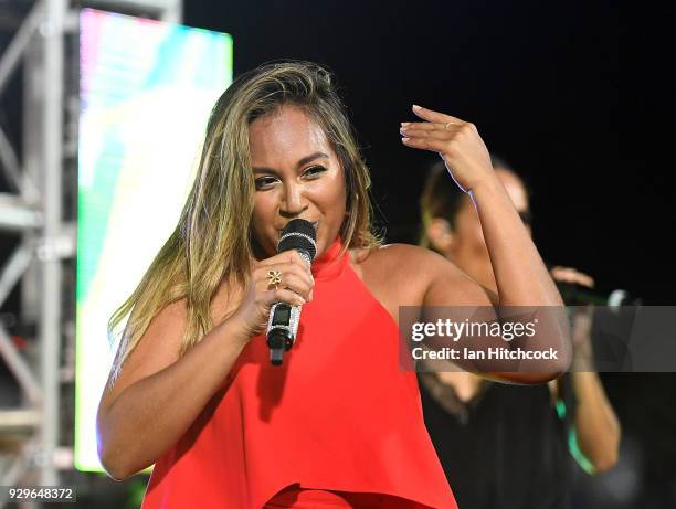 Jessica Mauboy performs at the end of the round one NRL match between the North Queensland Cowboys and the Cronulla Sharks at 1300SMILES Stadium on...