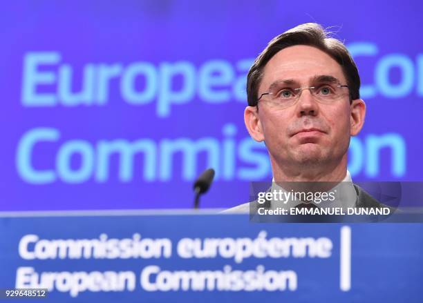 European Commission Vice-President Jyrki Katainen addresses a press conference in reaction of US steel and aluminum tariffs at the European...