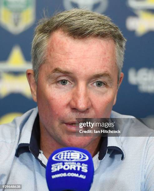 Cowboys coach Paul Green speaks at the post match media conference at the end of during the round one NRL match between the North Queensland Cowboys...