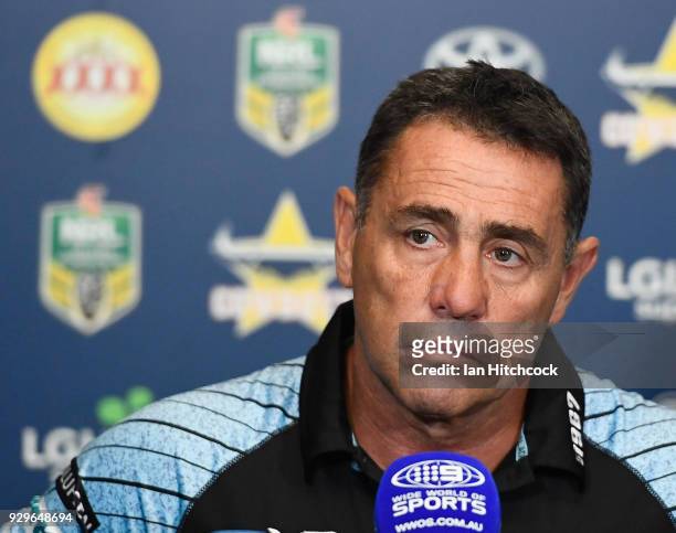 Sharks coach Shane Flanagan speaks at the post match media conference at the end of during the round one NRL match between the North Queensland...