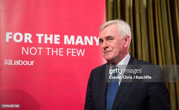 Labour Party Shadow Chancellor John McDonnell leaves after delivering a pre-spring statement on March 9, 2018 in London, England. The government will...