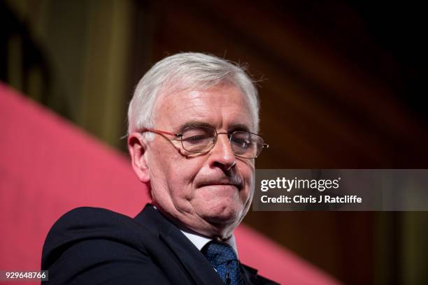 Labour Party Shadow Chancellor John McDonnell whilst delivering a pre-spring statement on March 9, 2018 in London, England. The government will...