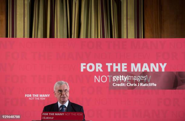 Labour Party Shadow Chancellor John McDonnell whilst delivering a pre-spring statement on March 9, 2018 in London, England. The government will...