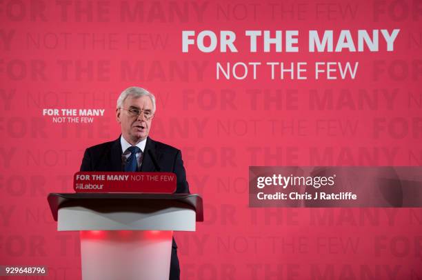 Labour Party Shadow Chancellor John McDonnell whilst delivering a pre-spring statement on March 9, 2018 in London, England. The government will...