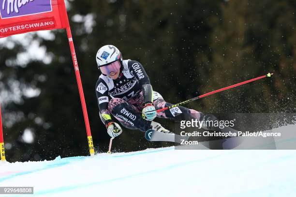 Tina Weirather of Liechtenstein in action during the Audi FIS Alpine Ski World Cup Women's Giant Slalom on March 9, 2018 in Ofterschwang, Germany.