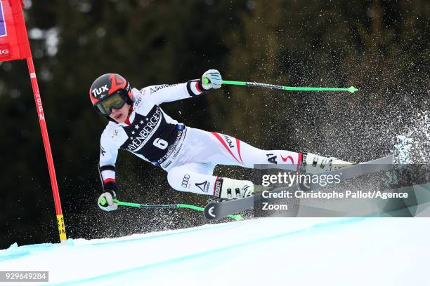 Stephanie Brunner of Austria in action during the Audi FIS Alpine Ski World Cup Women's Giant Slalom on March 9, 2018 in Ofterschwang, Germany.