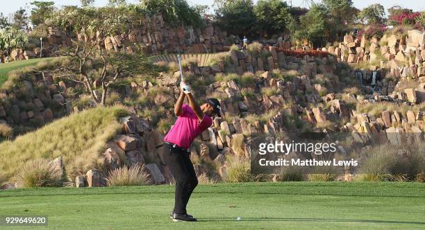 Shubhankar Sharma of India plays his second shot from the 17th fairway during day two of the Hero Indian Open at Dlf Golf and Country Club on March...