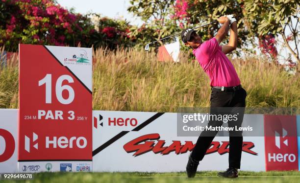 Shubhankar Sharma of India tees off on the 16th hole during day two of the Hero Indian Open at Dlf Golf and Country Club on March 9, 2018 in New...