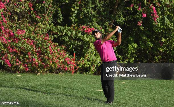 Shubhankar Sharma of Indiaplays his third shot from the rough on the 15th hole during day two of the Hero Indian Open at Dlf Golf and Country Club on...