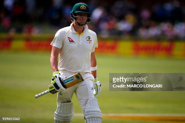 Australia batsman and captain Steve Smith leaves the ground after having been dismissed by South Africa bowler Kagiso Rabada during day one of the...