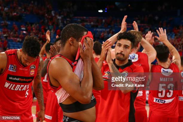 Bryce Cotton of the Wildcats reacts after being defeated during game two of the NBL Semi Final series between the Adelaide 36ers and the Perth...