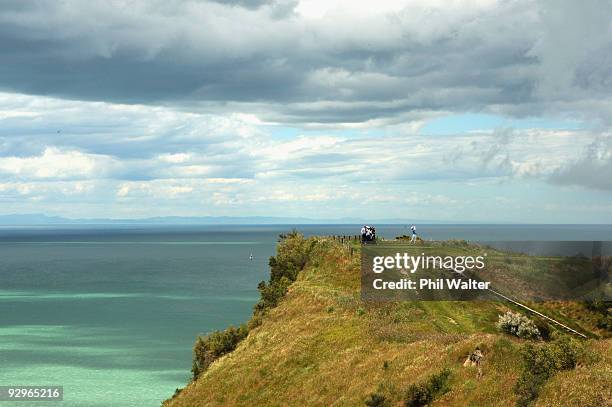 Camilo Villegas of Colombia tees off on the 16th hole during the first round of The Kiwi Challenge at Cape Kidnappers on November 11, 2009 in Napier,...