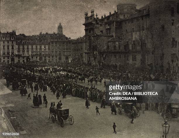 Funeral of Amedeo of Spain , Duke of Aosta, procession at Piazza Castello, Turin, Italy, photograph by Schemboche, from La Tribuna Illustrata, No 5,...