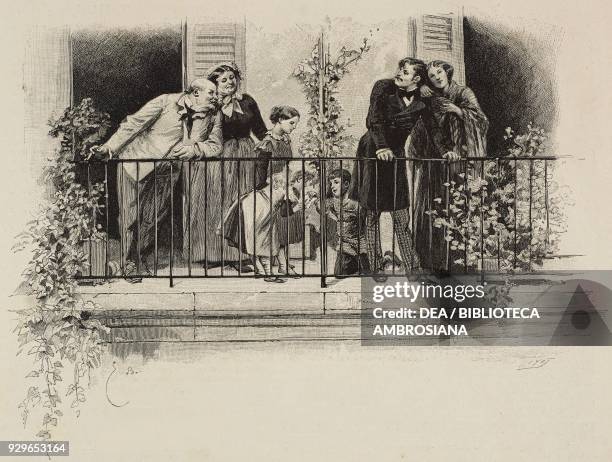 Family on a balcony, illustration by Emilio Bayard for A Romance of Youth, by Francois Coppee, from La Tribuna Illustrata, No 10, March 9, 1890.