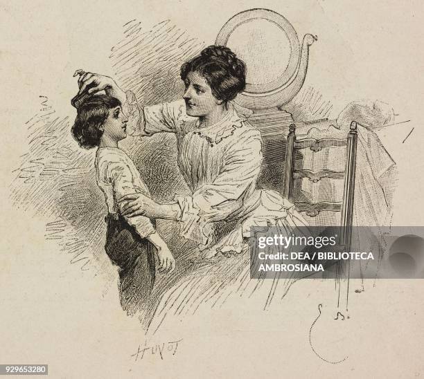 Mother combing her son's hair, illustration by Emilio Bayard for A Romance of Youth, by Francois Coppee, from La Tribuna Illustrata, No 10, March 9,...