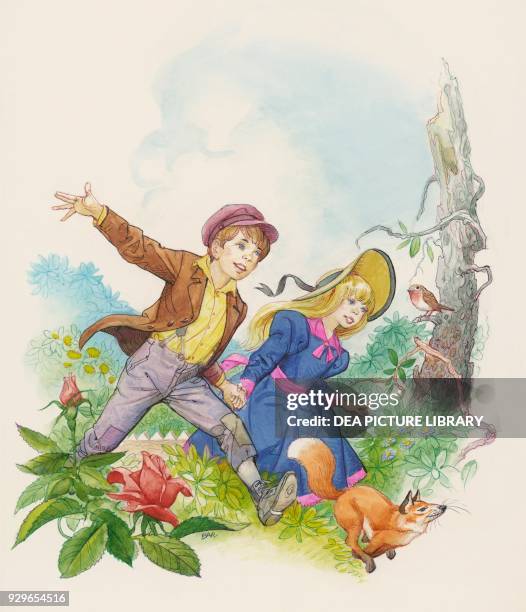 Mary Lennox and Dickon, from The Secret Garden, children's novel by Frances Hodgson Burnett , drawing.