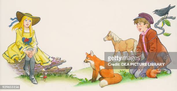 Mary Lennox, Dickon, and the fox, from The Secret Garden, children's novel by Frances Hodgson Burnett , drawing.