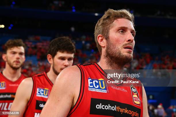 Jesse Wagstaff of the Wildcats walks from the court after being defeated during game two of the NBL Semi Final series between the Adelaide 36ers and...