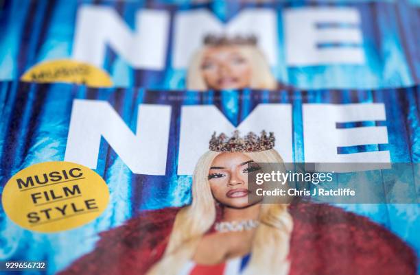 An arranged photograph shows the final print issue of the New Musical Express on March 9, 2018 in London, England. The NME was a British music...